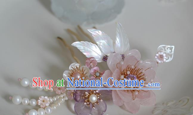 China Ancient Princess Rose Quartz Hairpin Ming Dynasty Palace Lady Shell Hair Comb Traditional Hanfu Hair Accessories