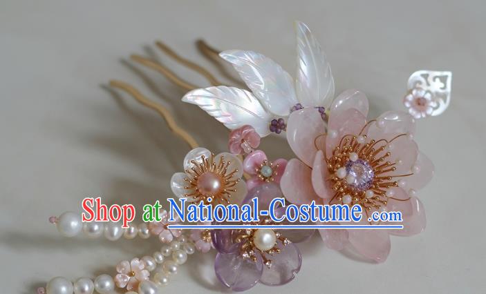 China Ancient Princess Rose Quartz Hairpin Ming Dynasty Palace Lady Shell Hair Comb Traditional Hanfu Hair Accessories