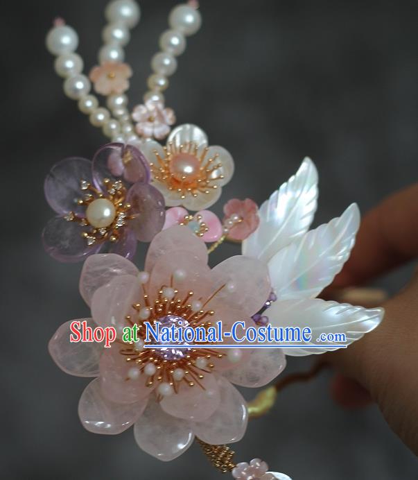 China Ancient Princess Rose Quartz Hairpin Ming Dynasty Palace Lady Shell Hair Comb Traditional Hanfu Hair Accessories