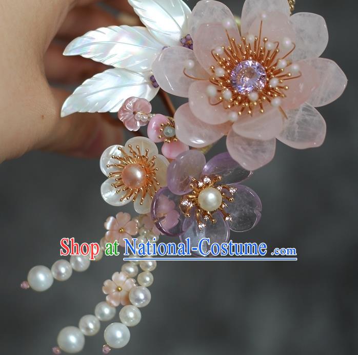 China Ancient Princess Rose Quartz Hairpin Ming Dynasty Palace Lady Shell Hair Comb Traditional Hanfu Hair Accessories