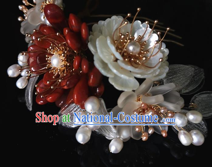 China Ming Dynasty Shell Peony Hair Comb Traditional Hanfu Hair Accessories Ancient Palace Lady Agate Chrysanthemum Hairpin