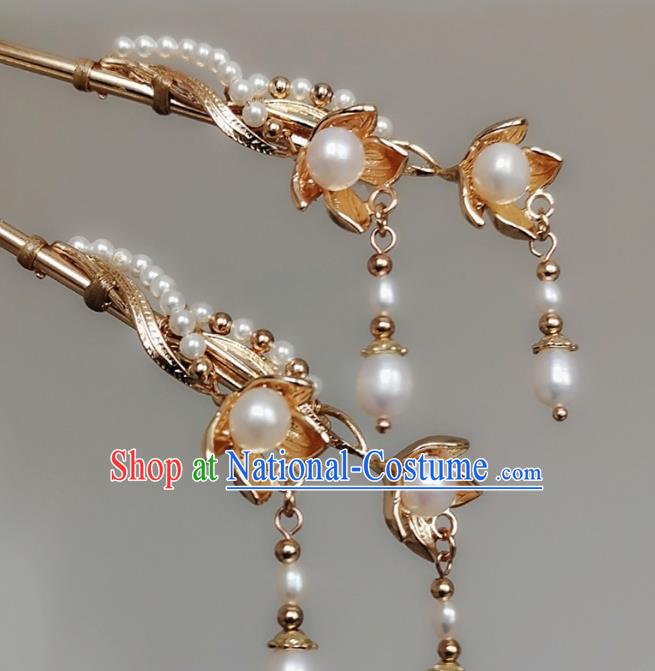 China Tang Dynasty Pearls Tassel Hair Stick Traditional Hanfu Hair Accessories Ancient Court Woman Golden Hairpin