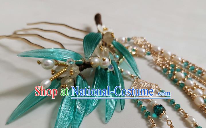 China Handmade Bamboo Leaf Hair Comb Traditional Ming Dynasty Hanfu Hair Accessories Ancient Court Lady Pearls Tassel Hairpin