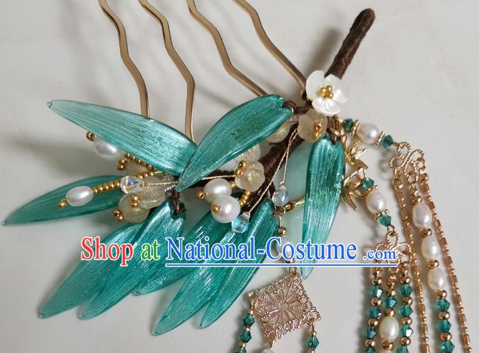 China Handmade Bamboo Leaf Hair Comb Traditional Ming Dynasty Hanfu Hair Accessories Ancient Court Lady Pearls Tassel Hairpin