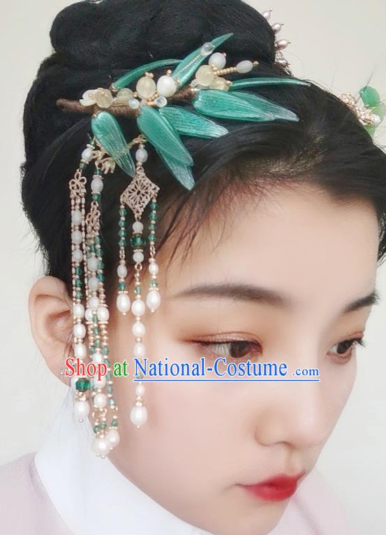 China Handmade Bamboo Leaf Hair Comb Traditional Ming Dynasty Hanfu Hair Accessories Ancient Court Lady Pearls Tassel Hairpin