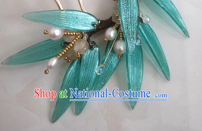 China Handmade Bamboo Leaf Hair Comb Traditional Ming Dynasty Hanfu Hair Accessories Ancient Court Lady Pearls Tassel Hairpin