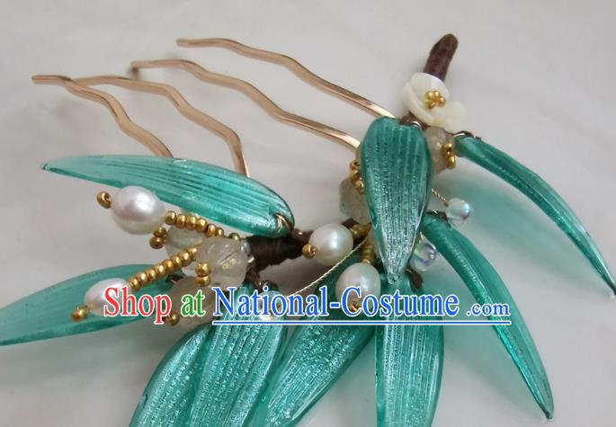 China Handmade Bamboo Leaf Hair Comb Traditional Ming Dynasty Hanfu Hair Accessories Ancient Court Lady Pearls Tassel Hairpin