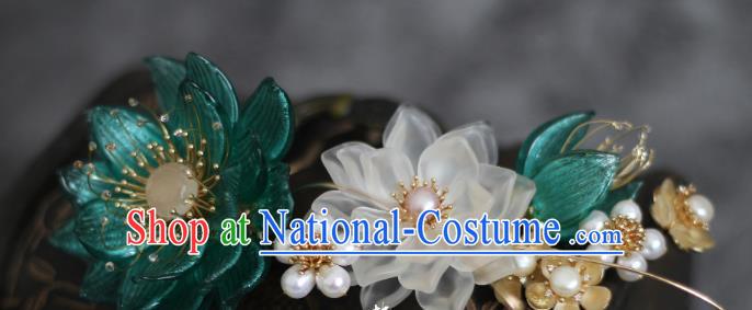 China Ming Dynasty Young Lady Green Lotus Hair Stick Traditional Hanfu Headpiece Ancient Princess Pearls Hairpin