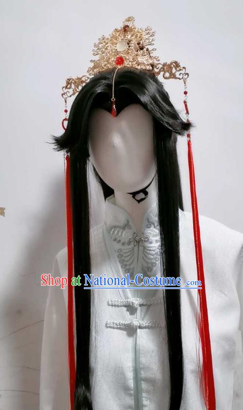 Chinese Ancient Prince Golden Hair Crown Traditional Hanfu Wedding Headdress Cosplay Swordsman Tassel Hair Accessories