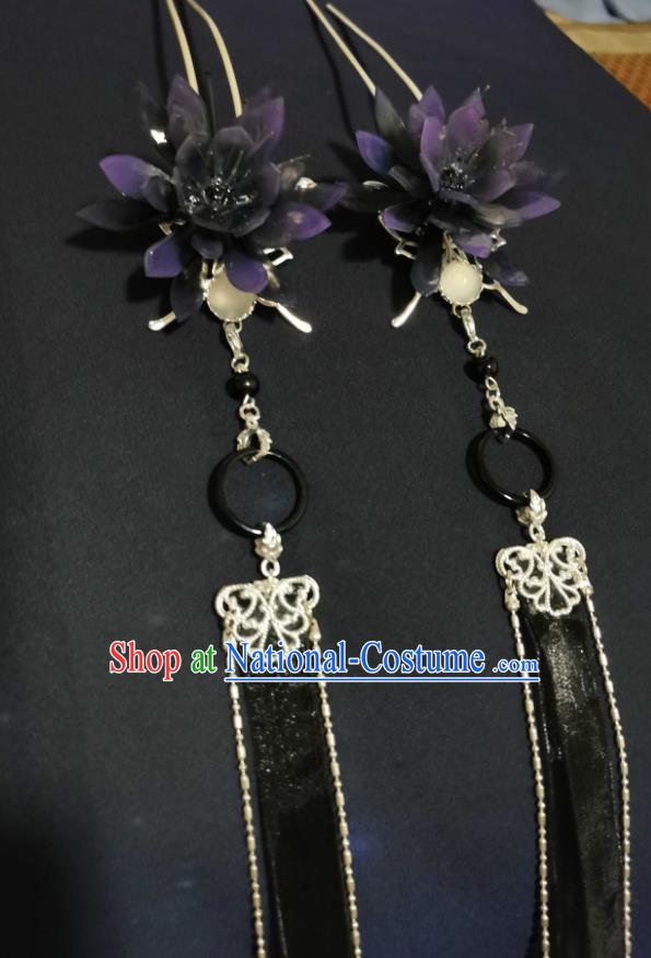 China Ancient Fairy Purple Lotus Hairpin Cosplay Swordswoman Hair Accessories Handmade Traditional Hanfu Black Ribbon Tassel Hair Stick