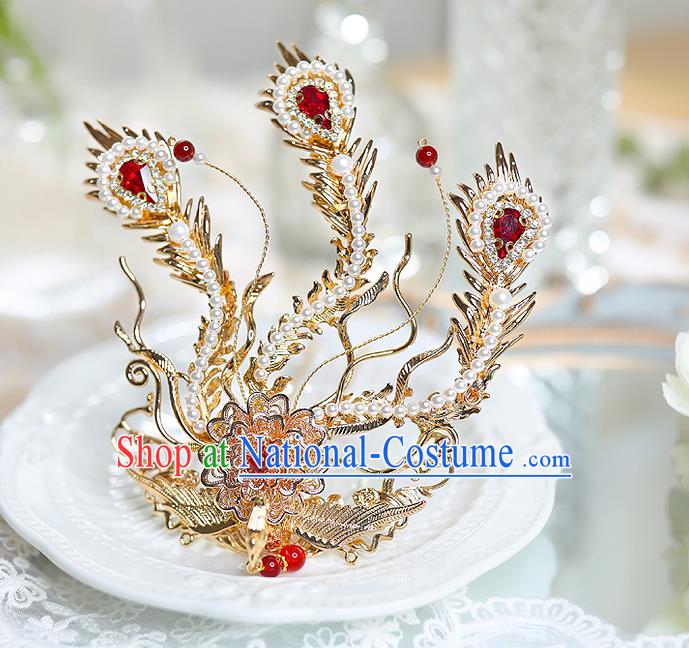 China Ming Dynasty Court Lady Golden Phoenix Hair Crown Handmade Traditional Hanfu Hair Accessories Ancient Empress Pearls Hairpin