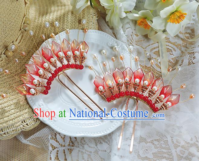 China Traditional Ming Dynasty Hair Stick Handmade Ancient Princess Red Flower Petals Hairpin