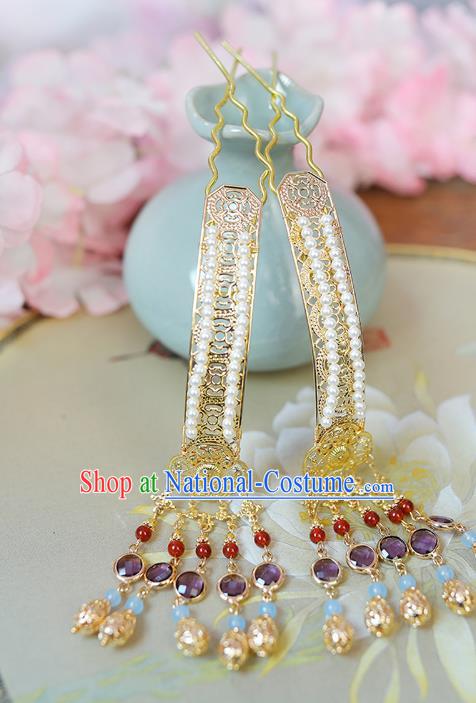 China Traditional Ming Dynasty Empress Pearls Hairpins Handmade Ancient Court Woman Purple Crystal Tassel Hair Sticks