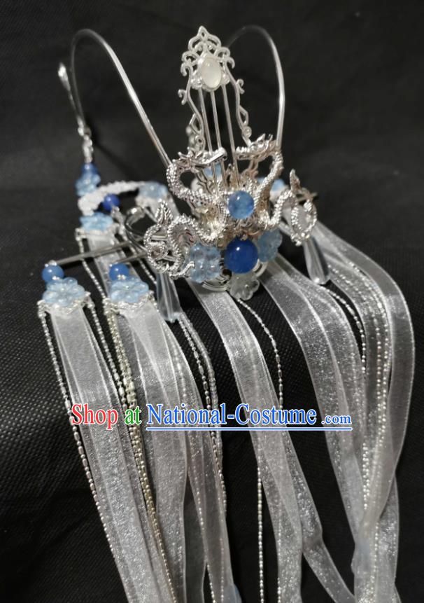 Chinese Cosplay Swordsman Argent Hair Accessories Ancient Prince Hair Crown Traditional Hanfu Ribbon Tassel Headwear