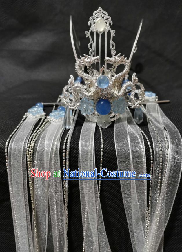 Chinese Cosplay Swordsman Argent Hair Accessories Ancient Prince Hair Crown Traditional Hanfu Ribbon Tassel Headwear