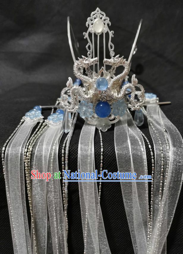 Chinese Cosplay Swordsman Argent Hair Accessories Ancient Prince Hair Crown Traditional Hanfu Ribbon Tassel Headwear