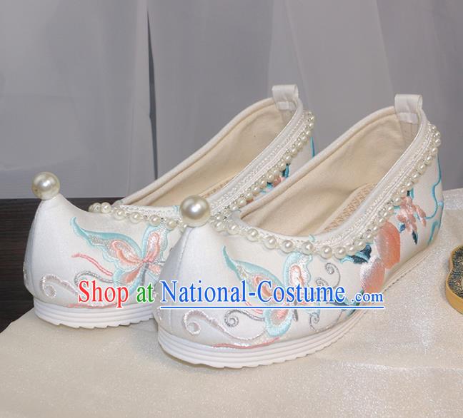 Chinese Traditional Hanfu Shoes Ancient Princess Shoes Ming Dynasty Embroidered Shoes Pearls Shoes