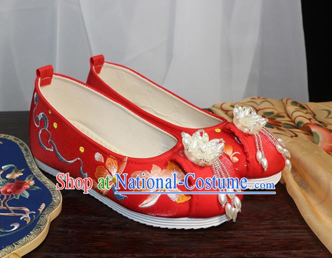 Chinese Embroidered Lotus Shoes Wedding Red Cloth Shoes Traditional Ming Dynasty Hanfu Shoes Ancient Princess Shoes