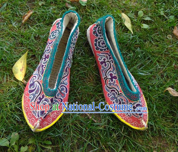 Chinese Traditional Folk Dance Shoes Yunnan Ethnic Wedding Shoes Embroidered Red Shoes National Woman Cloth Shoes