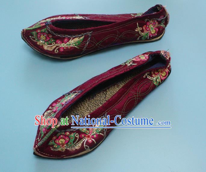 Chinese Folk Dance Wine Red Satin Shoes Traditional Yi Nationality Embroidered Shoes Handmade Strong Cloth Soles Shoes