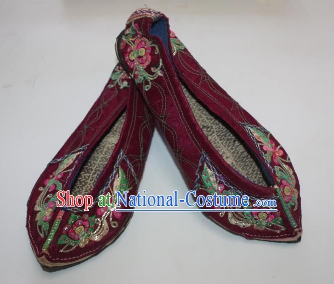 Chinese Folk Dance Wine Red Satin Shoes Traditional Yi Nationality Embroidered Shoes Handmade Strong Cloth Soles Shoes