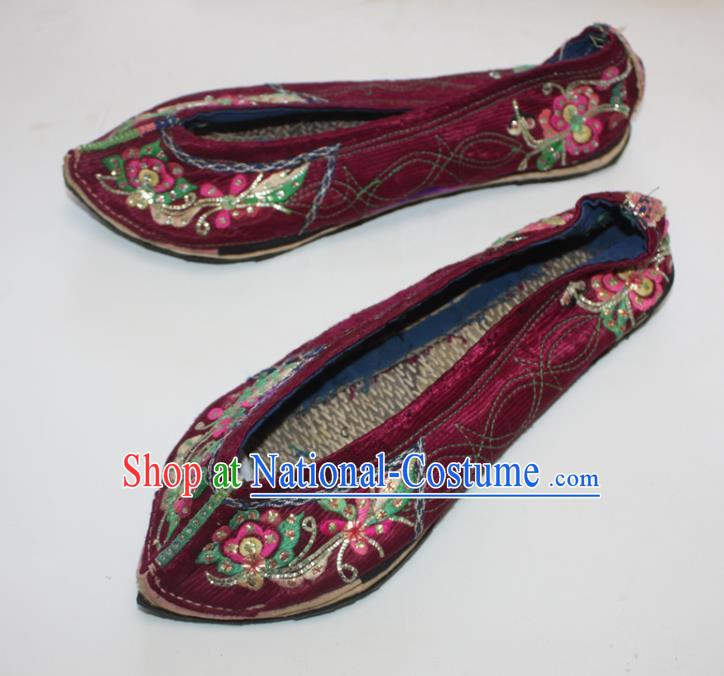 Chinese Folk Dance Wine Red Satin Shoes Traditional Yi Nationality Embroidered Shoes Handmade Strong Cloth Soles Shoes