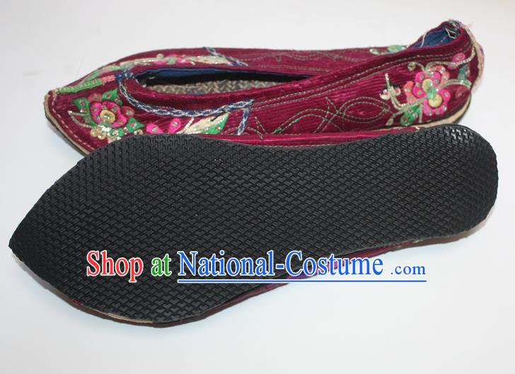 Chinese Folk Dance Wine Red Satin Shoes Traditional Yi Nationality Embroidered Shoes Handmade Strong Cloth Soles Shoes