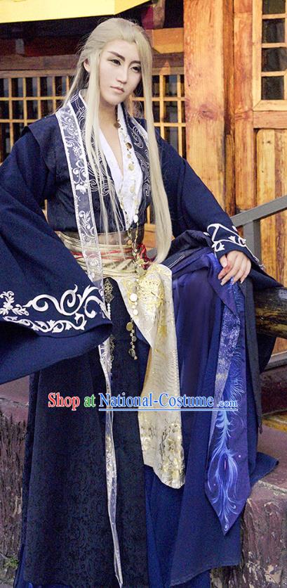 China Ancient Royal Highness Apparels Tang Dynasty Swordsman Garment Costumes Traditional Cosplay Dragon King Navy Hanfu Clothing