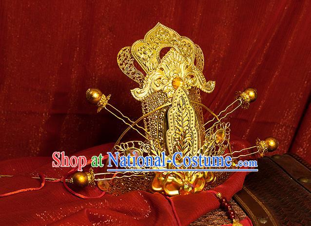 China Traditional Ancient Prince Golden Hair Crown Hairpins Heaven Official Blessing Cosplay Swordsman Xie Lian Headdress