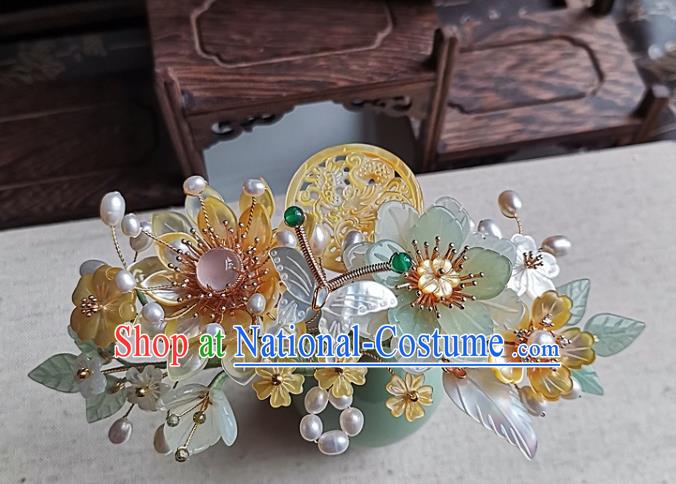 China Handmade Ancient Princess Hair Accessories Song Dynasty Palace Lady Jade Hair Crown Traditional Hanfu Shell Lotus Hairpin