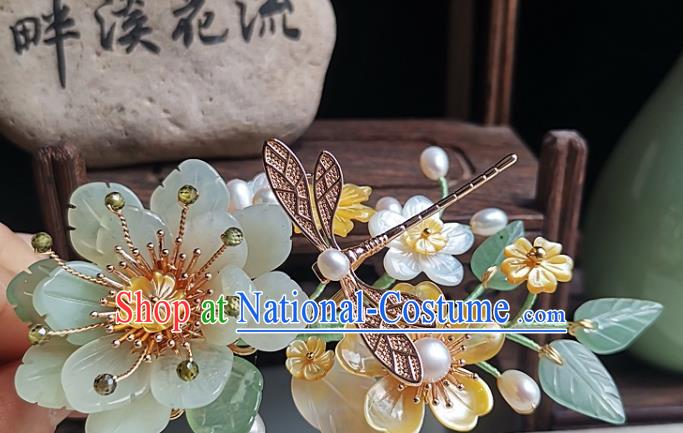 China Traditional Hanfu Jade Peony Hairpin Handmade Ancient Princess Hair Accessories Song Dynasty Palace Lady Shell Flowers Hair Stick