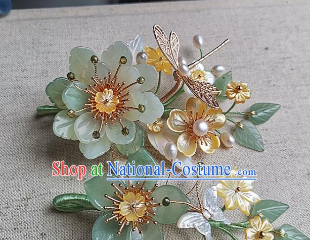 China Traditional Hanfu Jade Peony Hairpin Handmade Ancient Princess Hair Accessories Song Dynasty Palace Lady Shell Flowers Hair Stick