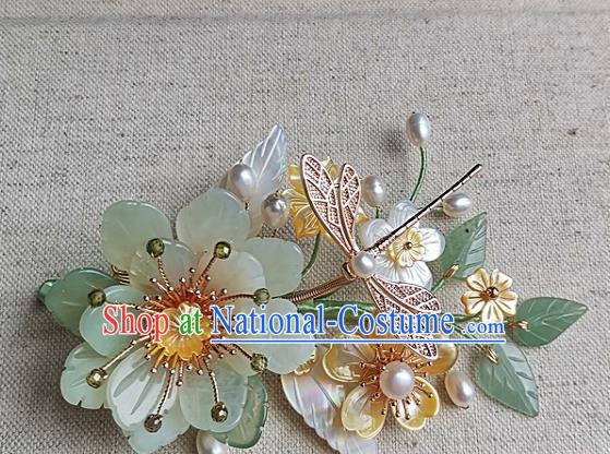 China Traditional Hanfu Jade Peony Hairpin Handmade Ancient Princess Hair Accessories Song Dynasty Palace Lady Shell Flowers Hair Stick