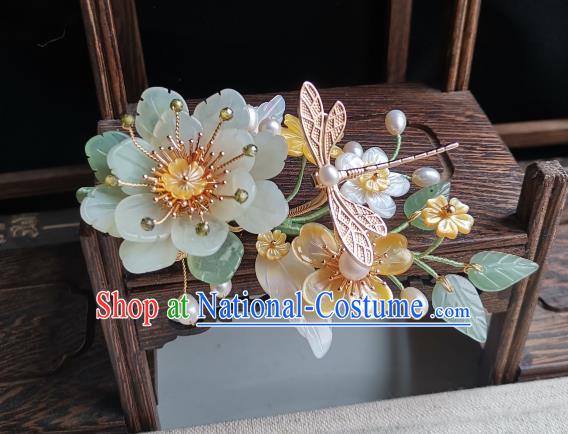 China Traditional Hanfu Jade Peony Hairpin Handmade Ancient Princess Hair Accessories Song Dynasty Palace Lady Shell Flowers Hair Stick