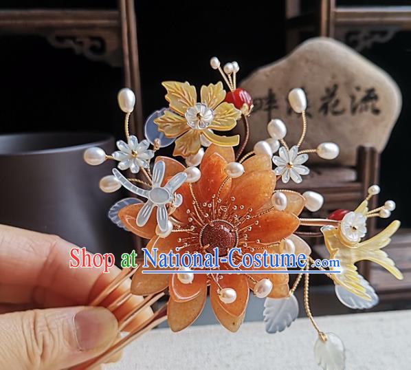 China Ming Dynasty Palace Lady Hair Comb Traditional Hanfu Hair Accessories Handmade Ancient Court Woman Agate Lotus Hairpin