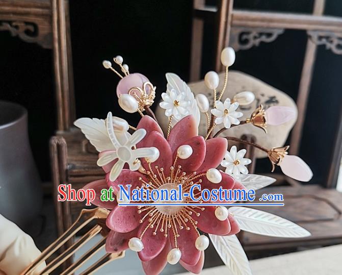 China Ming Dynasty Princess Shell Flowers Hair Comb Traditional Hanfu Hair Accessories Handmade Ancient Court Woman Pink Daisy Hairpin