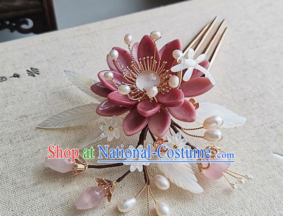 China Ming Dynasty Princess Shell Flowers Hair Comb Traditional Hanfu Hair Accessories Handmade Ancient Court Woman Pink Daisy Hairpin