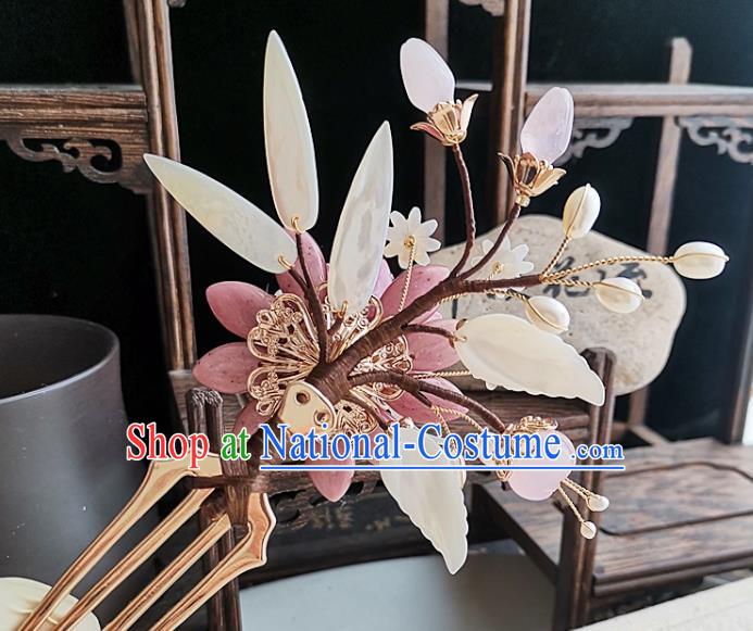 China Ming Dynasty Princess Shell Flowers Hair Comb Traditional Hanfu Hair Accessories Handmade Ancient Court Woman Pink Daisy Hairpin