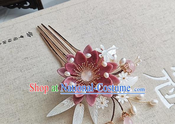 China Ming Dynasty Princess Shell Flowers Hair Comb Traditional Hanfu Hair Accessories Handmade Ancient Court Woman Pink Daisy Hairpin