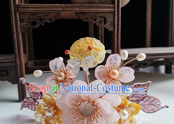 China Tang Dynasty Empress Shell Hair Crown Traditional Hanfu Hair Accessories Handmade Ancient Court Woman Rose Quartz Peony Hairpin