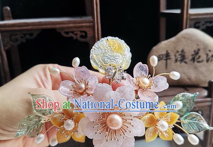 China Traditional Hanfu Hair Accessories Handmade Ancient Court Woman Rose Quartz Peony Hairpin Tang Dynasty Empress Shell Hair Comb