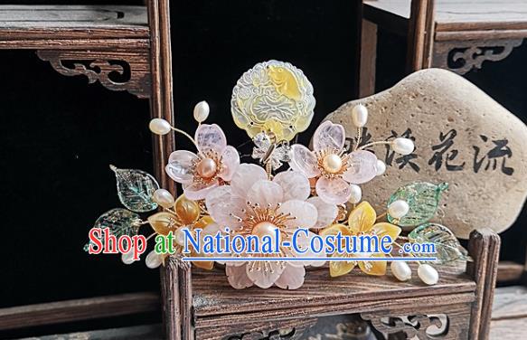 China Traditional Hanfu Hair Accessories Handmade Ancient Court Woman Rose Quartz Peony Hairpin Tang Dynasty Empress Shell Hair Comb