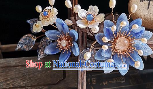 China Ming Dynasty Blue Daisy Hair Comb Traditional Hanfu Hair Accessories Handmade Ancient Palace Lady Shell Flower Hairpin