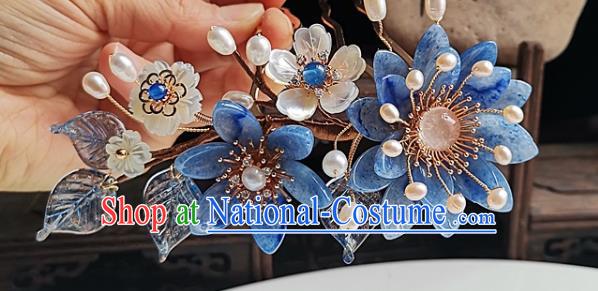 China Ming Dynasty Blue Daisy Hair Comb Traditional Hanfu Hair Accessories Handmade Ancient Palace Lady Shell Flower Hairpin