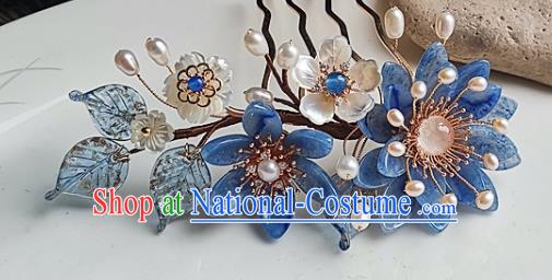 China Ming Dynasty Blue Daisy Hair Comb Traditional Hanfu Hair Accessories Handmade Ancient Palace Lady Shell Flower Hairpin