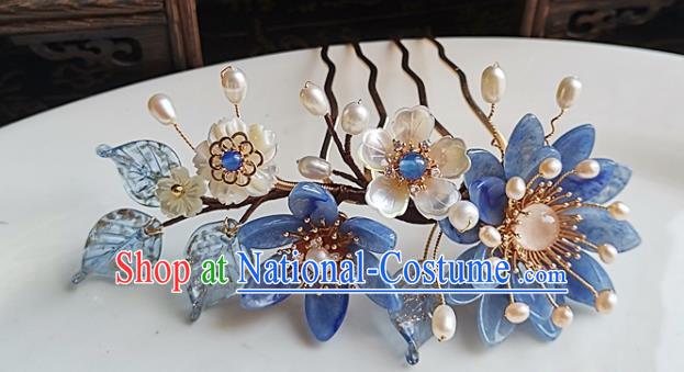 China Ming Dynasty Blue Daisy Hair Comb Traditional Hanfu Hair Accessories Handmade Ancient Palace Lady Shell Flower Hairpin