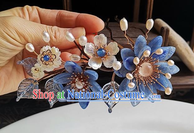 China Ming Dynasty Blue Daisy Hair Comb Traditional Hanfu Hair Accessories Handmade Ancient Palace Lady Shell Flower Hairpin