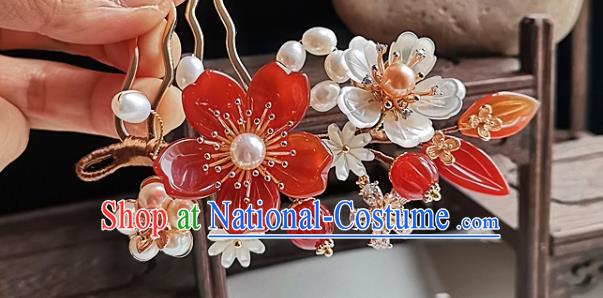 China Ming Dynasty Agate Flower Hair Comb Traditional Hanfu Hair Accessories Handmade Ancient Palace Lady Pearls Hairpin