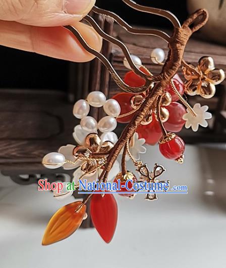 China Ming Dynasty Agate Flower Hair Comb Traditional Hanfu Hair Accessories Handmade Ancient Palace Lady Pearls Hairpin