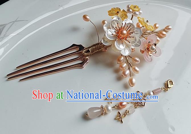 China Ming Dynasty Shell Peony Tassel Hair Comb Traditional Hanfu Hair Accessories Handmade Ancient Princess Pearls Hairpin